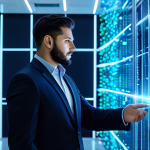 A professional individual, fully clothed in a modern business suit, stands in a sleek, minimalist data center, confidently interacting with a transparent, holographic interface displaying blockchain nodes and secure transaction flows. The environment emphasizes digital security and financial autonomy, with a background of glowing blue light trails symbolizing global connectivity. Perfect anatomy, correct proportions, natural pose, well-formed hands, proper finger count, professional photography, high-resolution, sharp focus. Safe for work, appropriate content, modest, family-friendly.