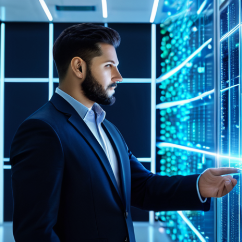 Home 19 A professional individual, fully clothed in a modern business suit, stands in a sleek, minimalist data center, confidently interacting with a transparent, holographic interface displaying blockchain nodes and secure transaction flows. The environment emphasizes digital security and financial autonomy, with a background of glowing blue light trails symbolizing global connectivity. Perfect anatomy, correct proportions, natural pose, well-formed hands, proper finger count, professional photography, high-resolution, sharp focus. Safe for work, appropriate content, modest, family-friendly.