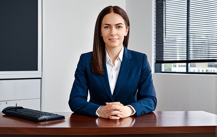 **
A professional businesswoman in a modest business suit, sitting at a desk in a modern office, fully clothed, appropriate attire, safe for work, perfect anatomy, natural proportions, professional photography, high quality.
**