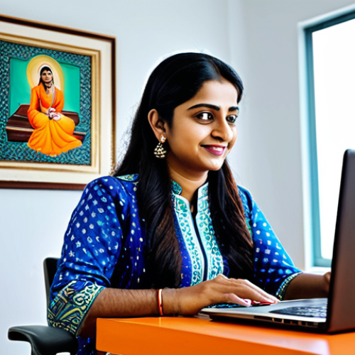 Home 8 **
"A professional woman in a modest, colorful salwar kameez, working on a laptop in a bright and modern office. The office has Bengali artwork on the walls. Fully clothed, appropriate attire, safe for work, perfect anatomy, natural proportions, professional photography, high quality, modest, family-friendly."
**