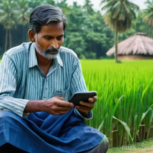 디지털 금융 서비스 혁신 - "A serene scene in rural Bangladesh, featuring a warm and natural light. A middle-aged Bangladeshi m...