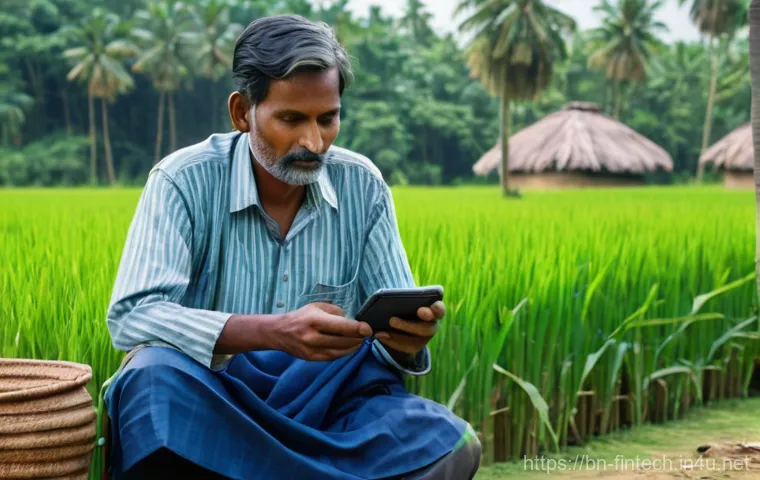 디지털 금융 서비스 혁신 - "A serene scene in rural Bangladesh, featuring a warm and natural light. A middle-aged Bangladeshi m...