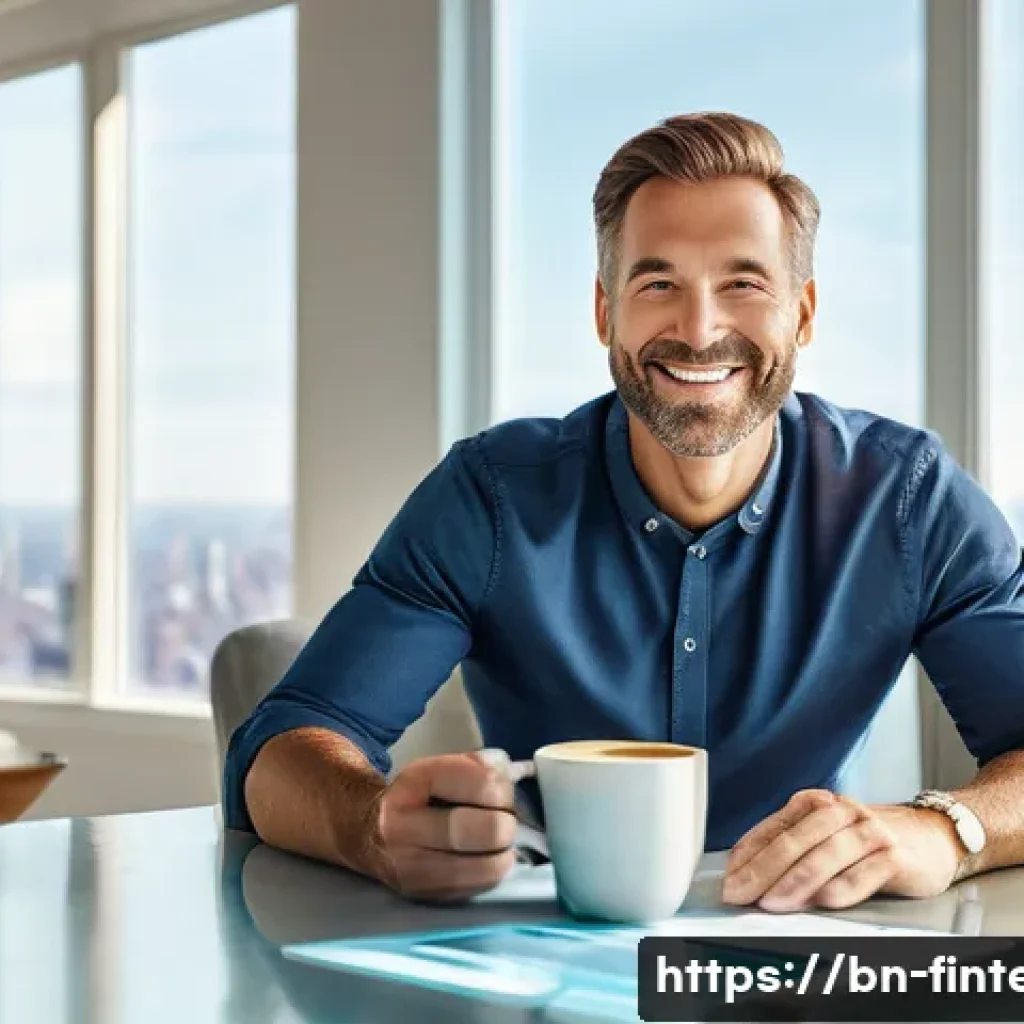 자산 관리 자동화 플랫폼 - **Prompt:** A serene and confident diverse man in his late 30s, fully dressed in smart casual attire...