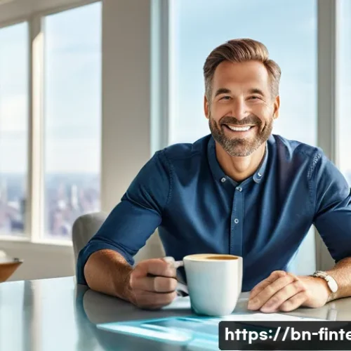 자산 관리 자동화 플랫폼 - **Prompt:** A serene and confident diverse man in his late 30s, fully dressed in smart casual attire...