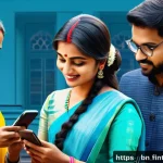 P2P 대출 기술 발전 - A modern digital illustration of a diverse group of Bengali people using a sleek mobile app for P2P ...