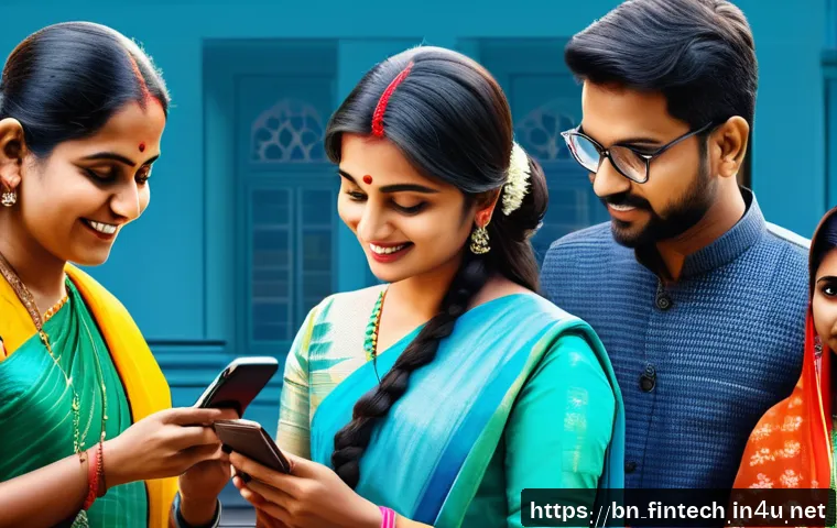 P2P 대출 기술 발전 - A modern digital illustration of a diverse group of Bengali people using a sleek mobile app for P2P ...