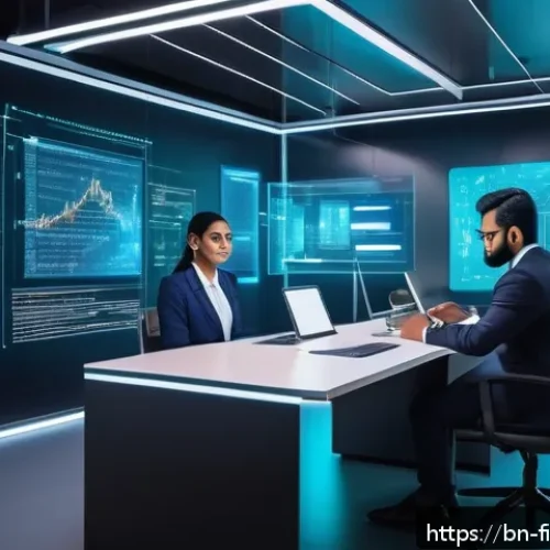 블록체인 스마트 계약 시스템 - A detailed futuristic office scene showing a professional Bengali entrepreneur using a transparent h...