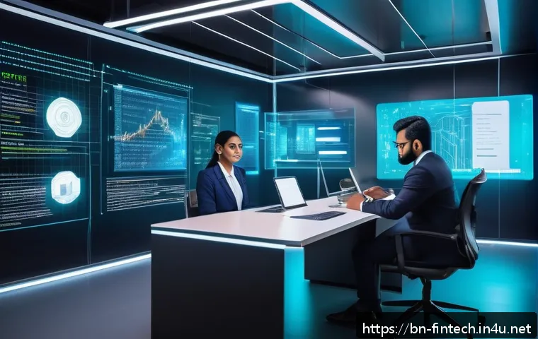 블록체인 스마트 계약 시스템 - A detailed futuristic office scene showing a professional Bengali entrepreneur using a transparent h...